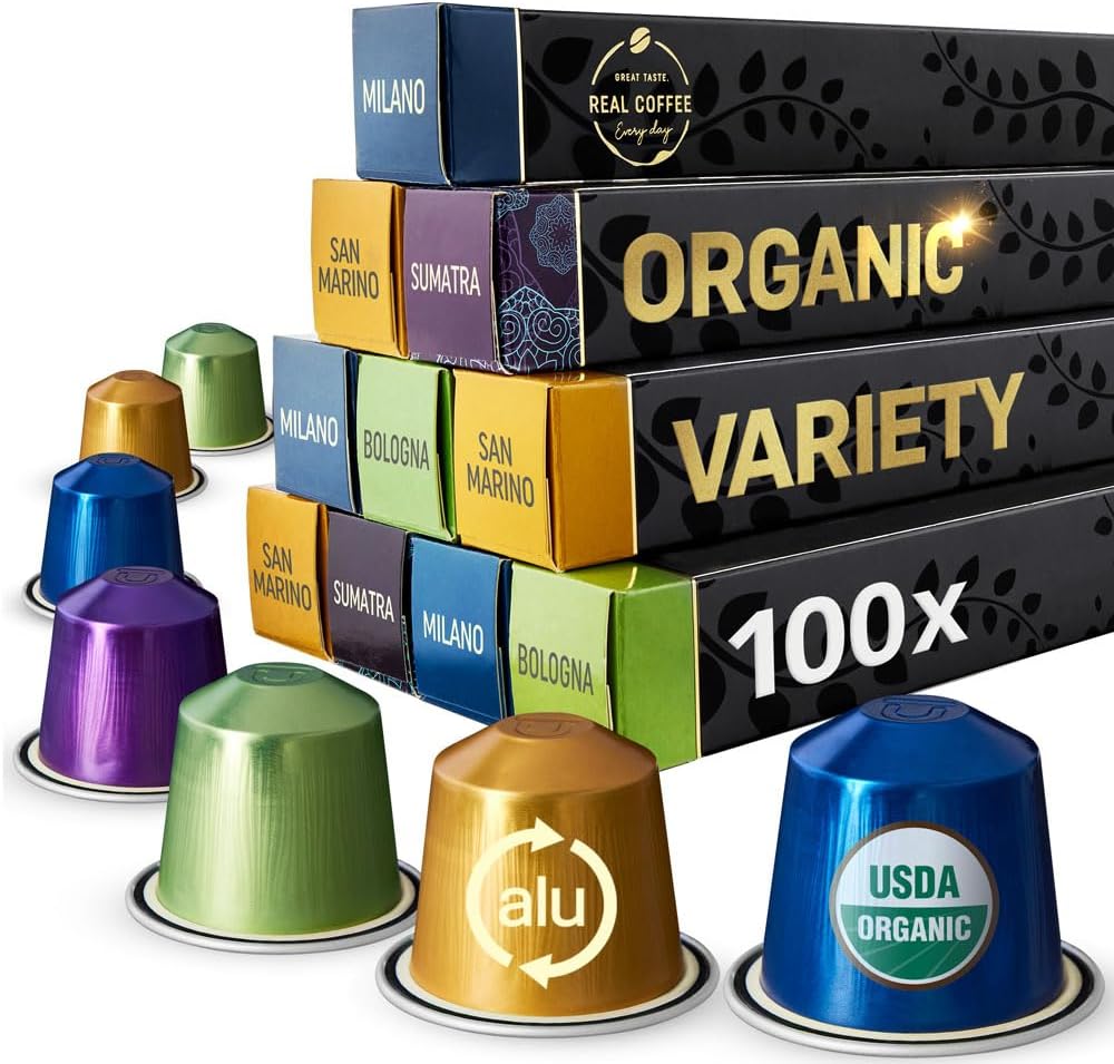 Organic Espresso Variety Pack for Nespresso | 100 Organic Aluminum Capsules | 3 Strong Italian Espressos + 1 Smooth Lungo | 100% Nespresso Compatible Pods | Fairtrade |