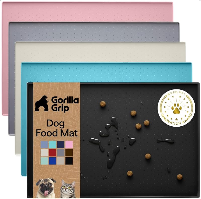 100% Waterproof Raised Edge BPA Free Silicone Pet Feeding Mat, Dog Cat Food Mats Contain Spills Protects Floors, Placemats for Cats and Dogs Water Bowl, Pets Accessories 18.5x11.5 Black