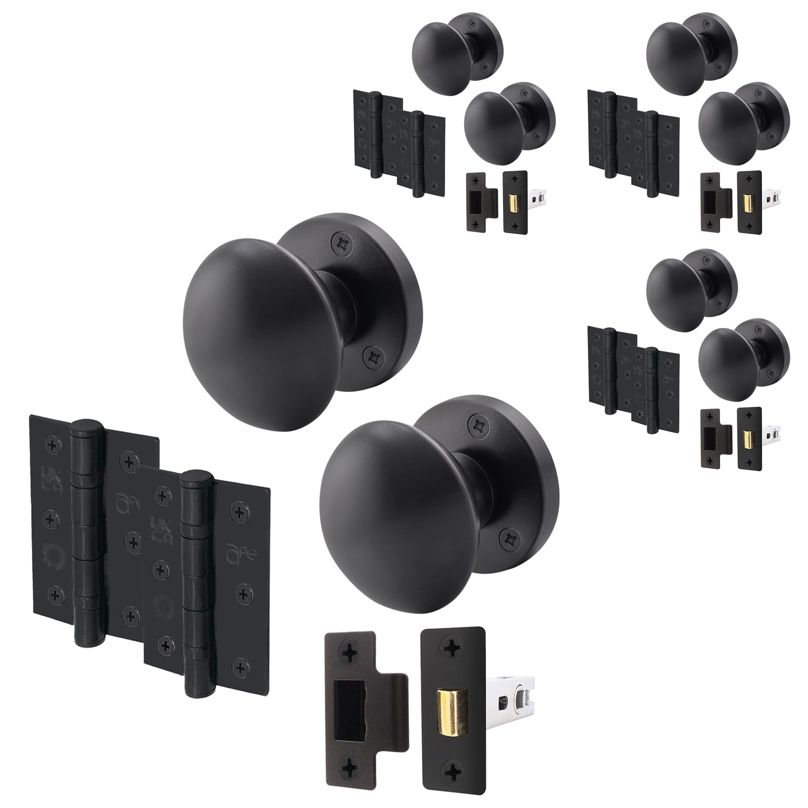 EAI Matt Black Door Knobs with Latch 76mm and Hinges, 4 Pack - Victorian