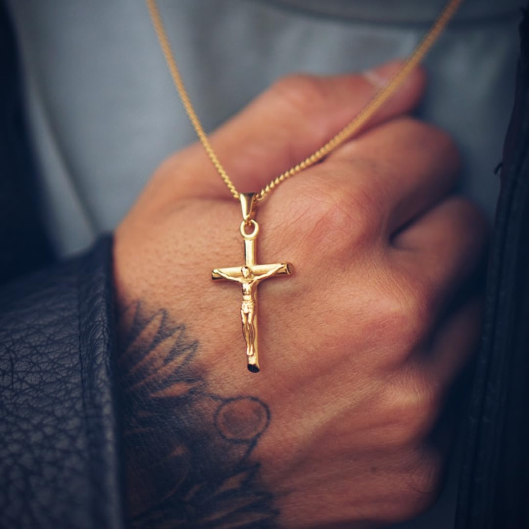 DVRK® Crocifisso Collana Uomo Oro 18k o Argento su Base di Acciaio Inossidabile 316L - Collana Uomo Croce 55 cm Resistente all'Acqua - Rosario, Crucifix, Cross, Regalo