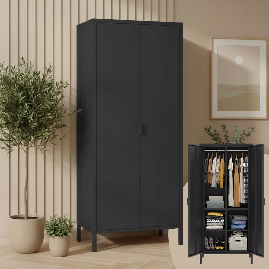 skølm Ituri Metallschrank Schwarz – Kleiderschrank mit 6 Fächern & 2 Kleiderstangen – Garderobenschrank Flur 80 cm breit – Schlafzimmerschrank Industrial Style – Stahlschrank für Wohnzimmer & Büro