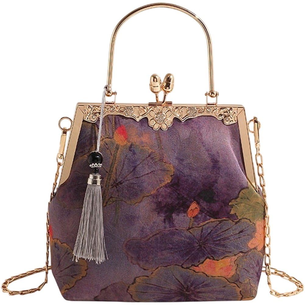 Sslvya Chinese Style Purse with Chain Strap Elegant Evening Bag for Women Wedding Formal Prom Evening Party