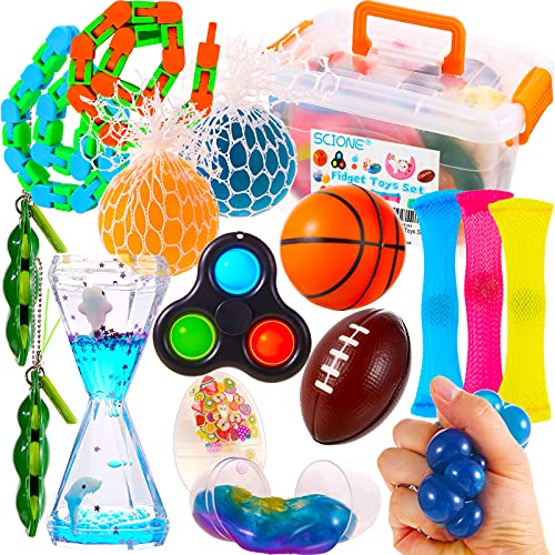 SCIONE Sensory Fidget Pack with Push Popper Fidget Spinner, Bubble Sensory Fidget Toys Set for Adult Kids,Fidget Toy Box for Stress Relief Fidget Bulks School Prizes Party Favors Supplies Gifts