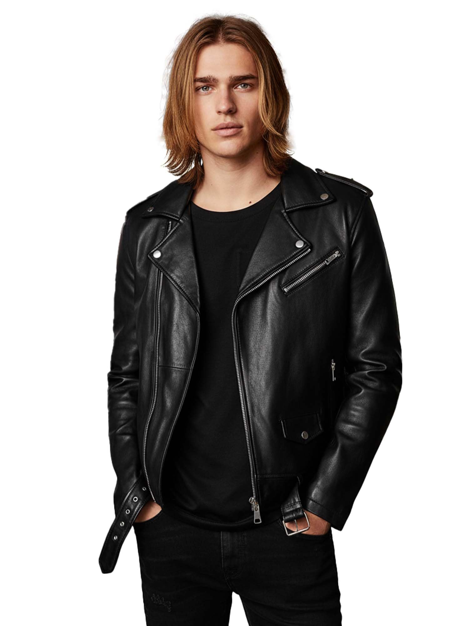 leather retail Men’s Black Leather Biker Jacket – Classic Motorcycle Style with Zipper Pockets & Belt-picture-14