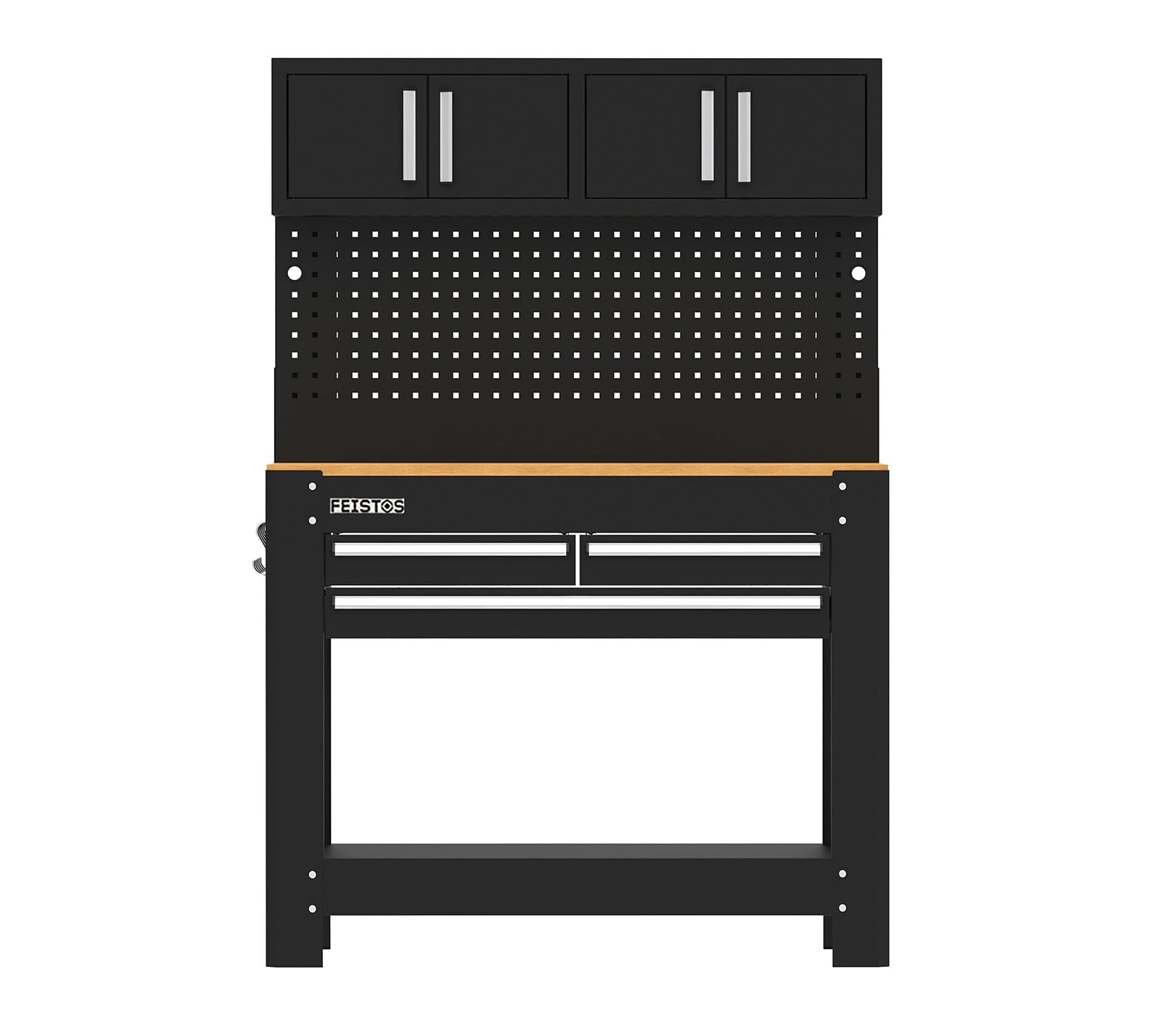 Monos 2 Werkbank | Metall Werkstattschrank Schwarz | Multiplex Arbeitsplatte | 61 cm Tiefe | mit Lochwand