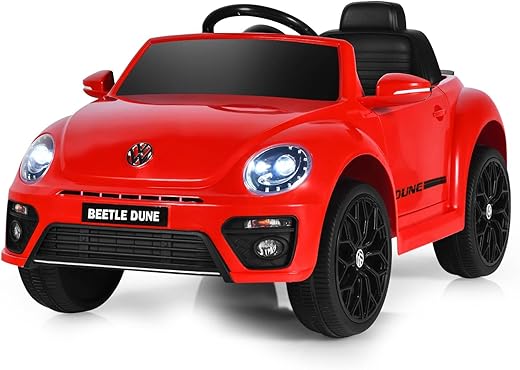 Kids Electric Ride on Car, 12V Battery Powered Licensed Volkswagen Beetle Vehicle with Remote Control, Lights, Music, USB, FM, Bluetooth and Slow Start, Children Toy Car for Boys Girls (Red)
