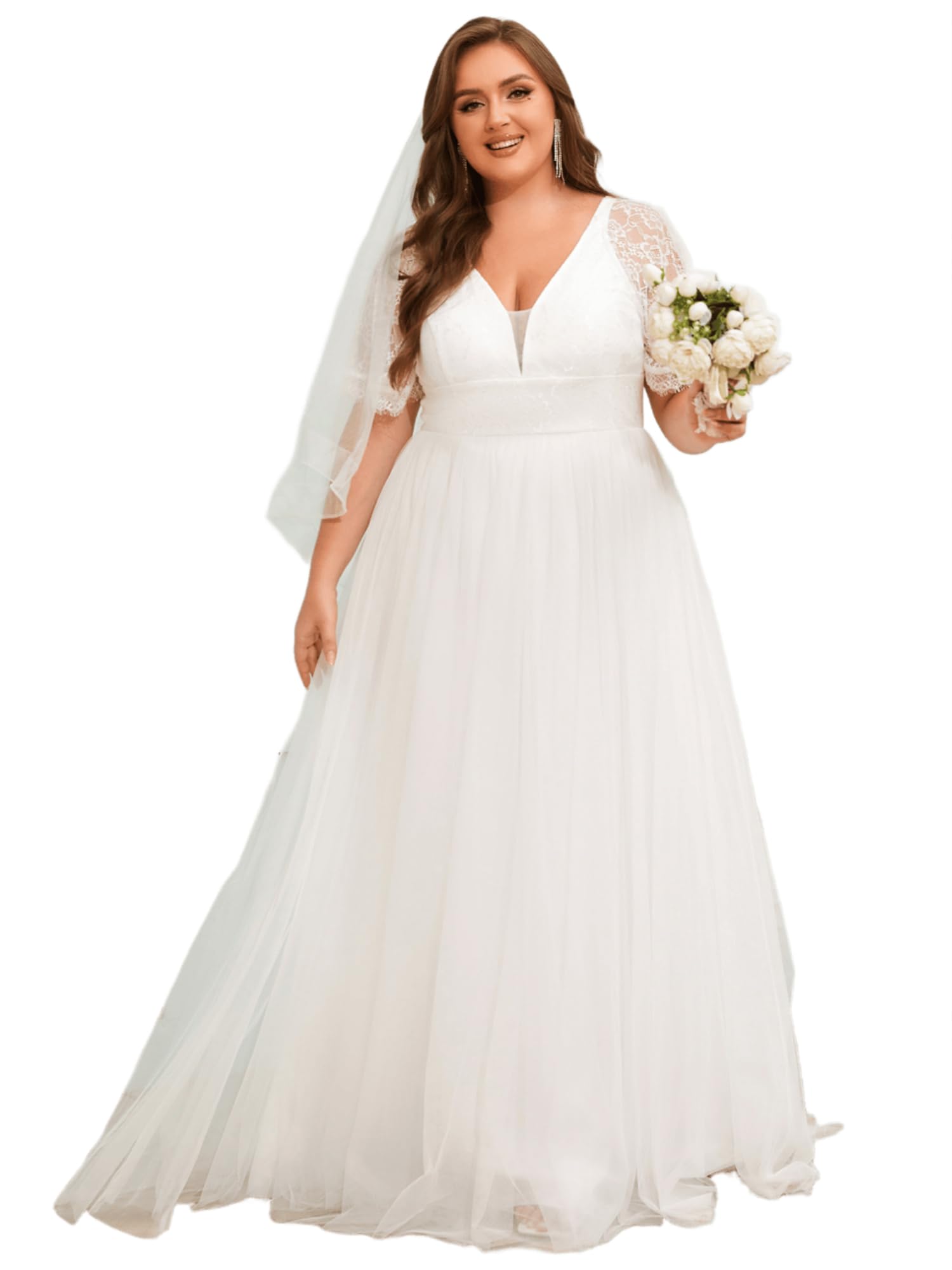 Women's V Neck Lace Short Sleeves A Line Pleated Plus Size Floor Length Wedding Dress 02039-DA, White, 26