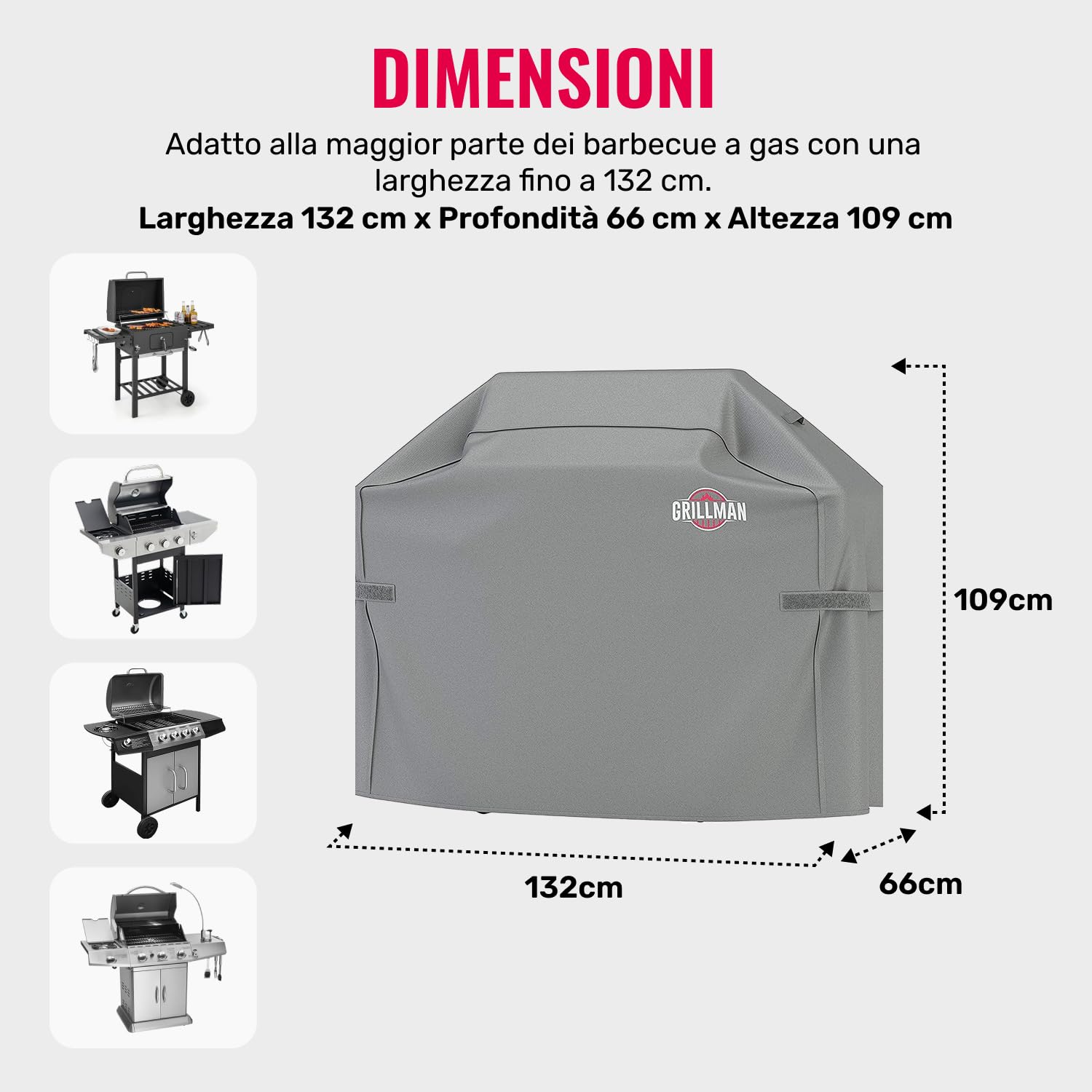 Grillman Premium Copertura per Barbecue a Gas per Weber, Brinkmann, Char Broil ETC. Resistente agli Urti, ai Raggi UV e all'Acqua (132 cm, Grigio)