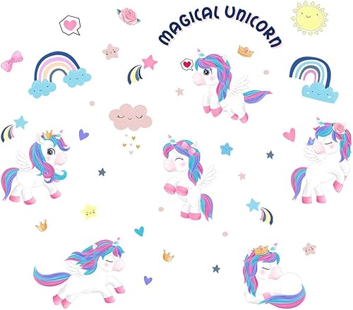 Miniatura 5 de fanquare Calcomanías de pared mágicas de unicornio con diseño de corazón de arco iris, decoración de pared para niños, niñas, dormitorio, sala de