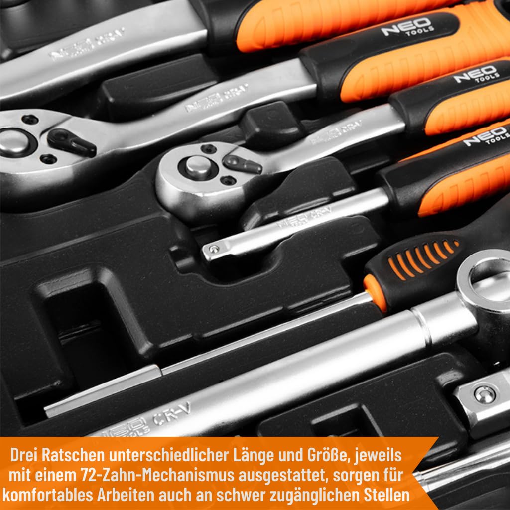 NEO TOOLS Zestaw Kluczy 216 Elementów 1/2", 3/8", 1/4" w Wytrzymałej Walizce | Klucze Nasadowe, Wkrętaki, Imbus, Grzechotki | Kompletny Zestaw do Warsztatu, Garażu, dla Majsterkowicza
