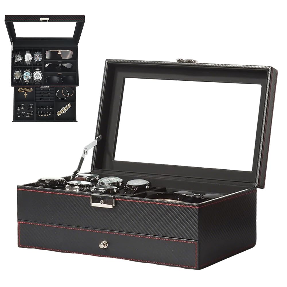 Blendra Watch Box for Men, 6-Slot Watch Case with Glass Lid & Drawer, 2-Layer Jewelry Box for Watch Storage, Sunglasses, Bracelets, Earrings, Cufflinks, Lockable Watch Display Case, PU, Black