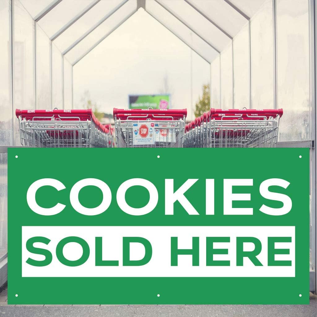 VictoryStore Girl Scout Cookies Banner and Sign Set, 2ft x 4ft Banner, 2 Arrow Signs 18.6" x 22", Vinyl & Corrugated Plastic, Informative Style, Green & White, Lawn & Outdoor Use