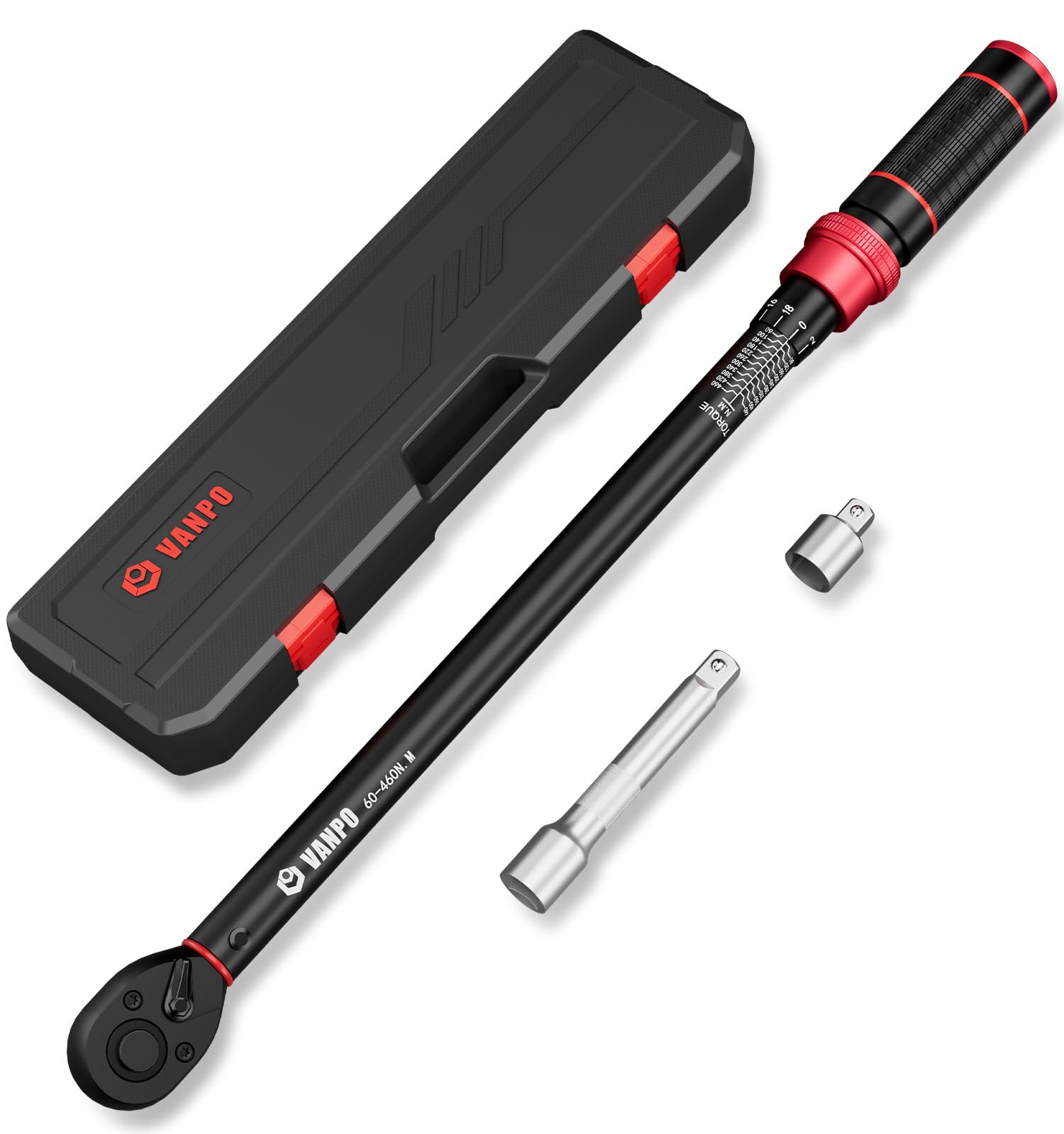 VANPO 1/2 Inch Torque Wrench 60-460 Nm, 72 Teeth Car & Motorcycle Torque Wrench Set 3 Pieces with 125 mm Extension Rod