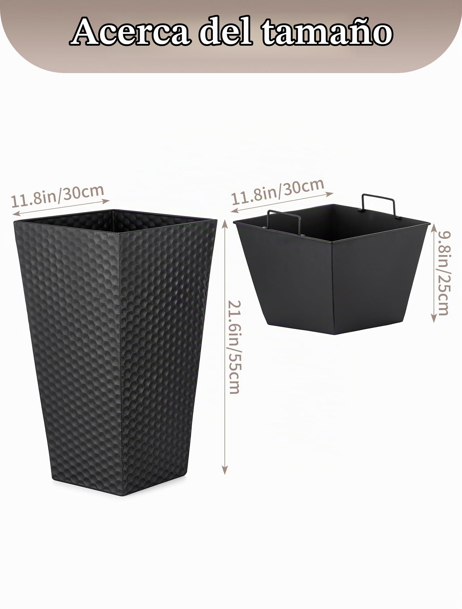 Sziqiqi Macetero Alto Exterior de Metal: 2X Macetas Interior Grandes 55cm Alto con Agujeros de Drenaje Modernos para Plant Flower - Jardineras Exterior Grandes Negro para Terraza Balcon Patio