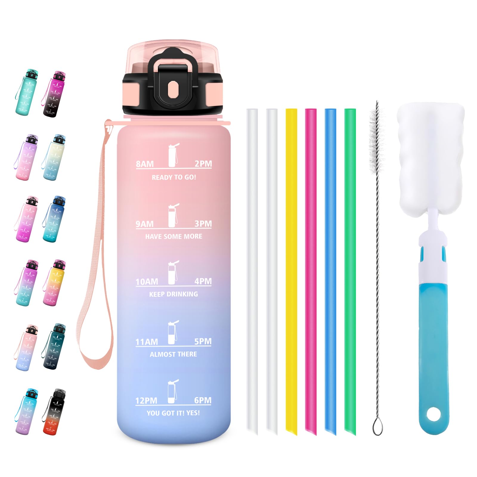 JAPORIA Sports Bottle, 1 Litre, Leak-Proof Water Bottle with Time Marking & Straw, Suitable for Carbonated Drinks, Water Bottle for Fitness, School