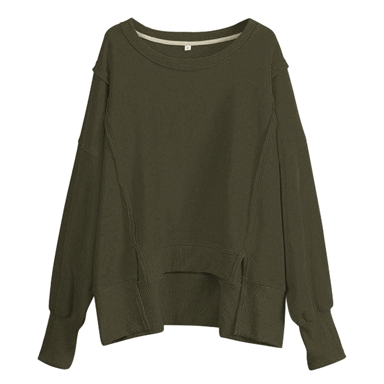 Générique Sweat sans Capuch Femme Surdimensionné Manche Longue Col Rond Côtelé Fente Latérale Sweats avec Épaule Tombantes Chic et Élégant Couleur Unie Haut Tunique Automne Hiver Chaud Pullover Gym