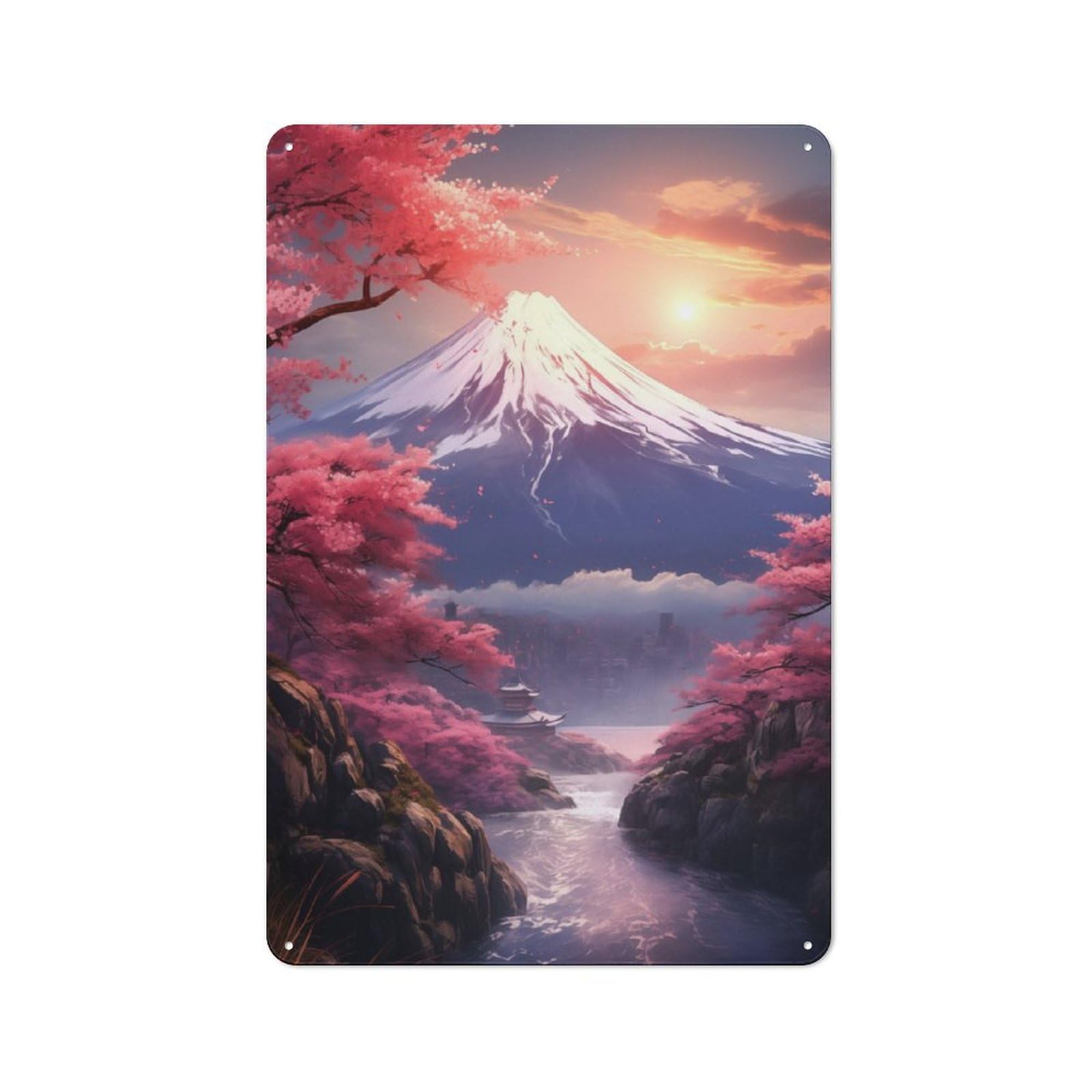 Junmoney Fuji View With Sakura Rustic Tin Wall Plaque 30X20cm For Garage Or Workshop, For Garage Decor Fans, For Retro Home Interiors