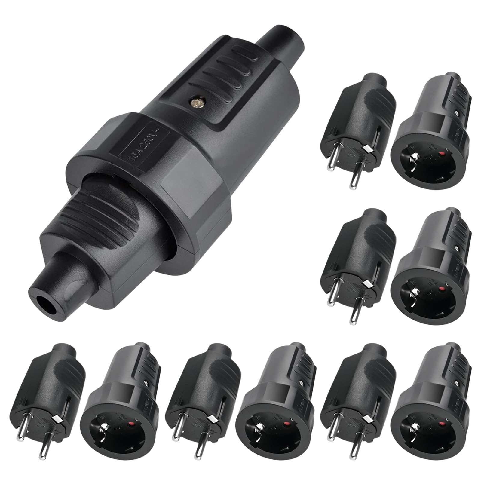 Sporgo Black 5X Schuko Plugs: 2-Pin 16 A And 3.7 Kw Rubber Plug Coupling With Kink Protection For Outdoor Use, Ip44, 230 V