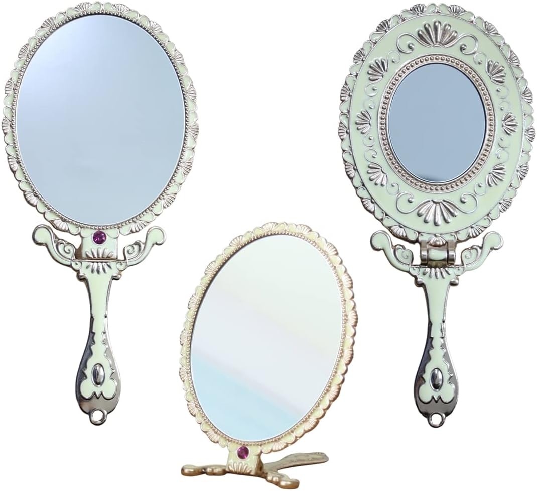 SEHAMANO Vintage Colorful Hand Mirror, Double Sided 1X/2X Magnifying Foldable Makeup Metal Mirror for Handheld, Table, Desk and Travel (Ivory)