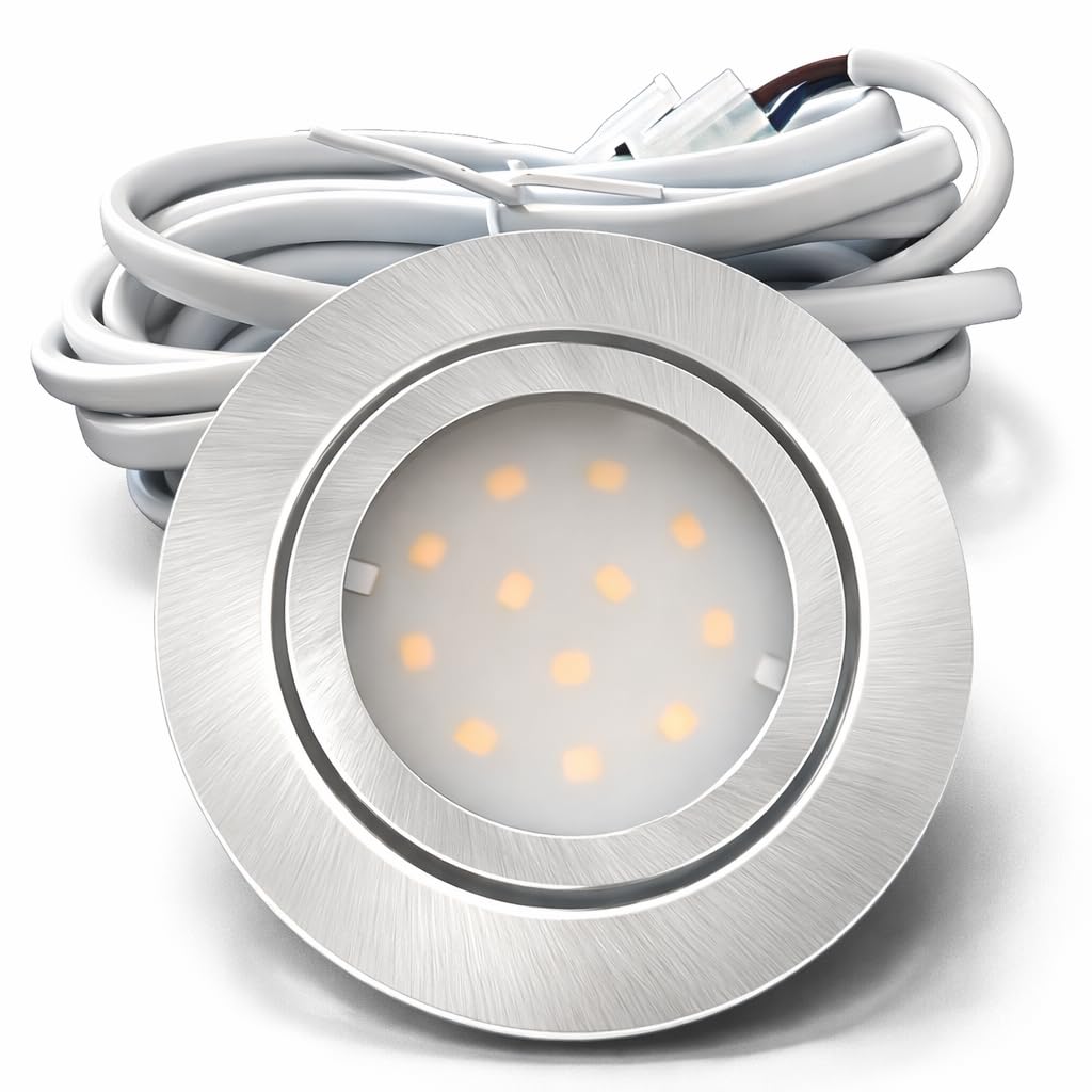 3x IP44 LED Einbauspots 12V, flach, 2,4W, 200lm, Edelstahl gebürstet, inkl. LED-Trafo, 230V Zuleitung mit Stecker, AMP Verteiler, Neutralweiß 4000K, Lochdurchmesser 54-60mm, Plug and Play.