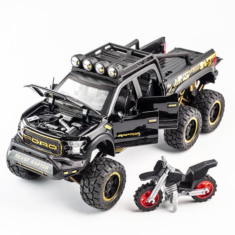 Image of Alokik Enterprise 1:24 Ford Raptor F150 Die-cast Metal Pull Back of Road Car with 4 Openable Doors with Lights and Sound Toy Decoration, Showpiece Car Best Gift Toys for Kids (Black)