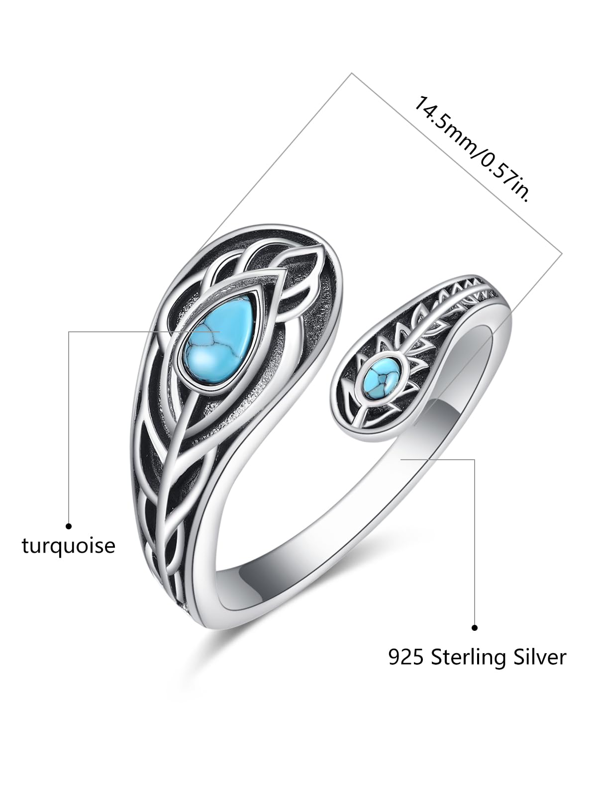 KINGWHYTE Anillo de plata de ley 925 con forma de cuchara de plumas y turquesa, ajustable, anillo abierto, turquesa occidental, regalo para mujer