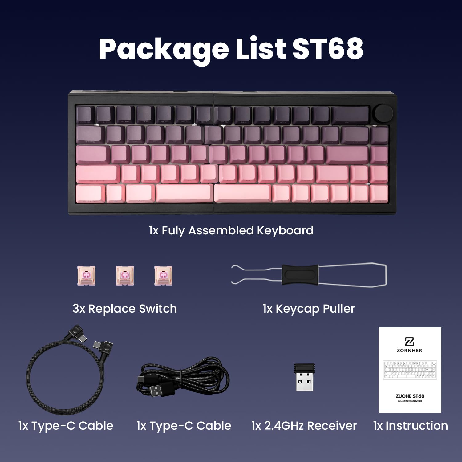 ZORNHER ST68 Tastiera meccanica ergonomica wireless divisa, 65% rosa e viola, tastiera TKL cremosa personalizzata con manopola, tasti in PBT illuminati, interruttori lineari pre-lubrificati