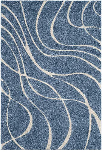 Image of Geometric Wave Shaggy Rectangular Carpet For Living Room,Bedroom,High Low Design Finish Microfiber 1.8 Inch Pile High,6X8 Feet Royal Blue|Ivory Color