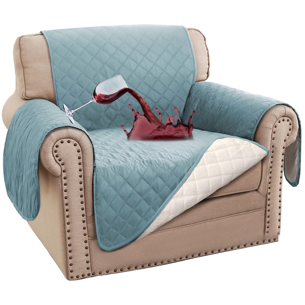 BellaHills Sofa Cover 100% Waterproof Sofa Covers 1 Seater Armchair Covers Triple Non-Slip Sofa Slipcovers for 1 Cushion Chair Washable Sofa Protector for Kids/Pets (Chair 23",Stone Blue) โ image 1
