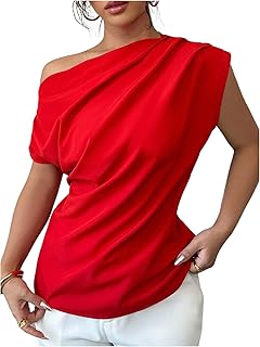 Blusa de mujer con hombros descubiertos y manga corta, cuello asimétrico, tops de verano