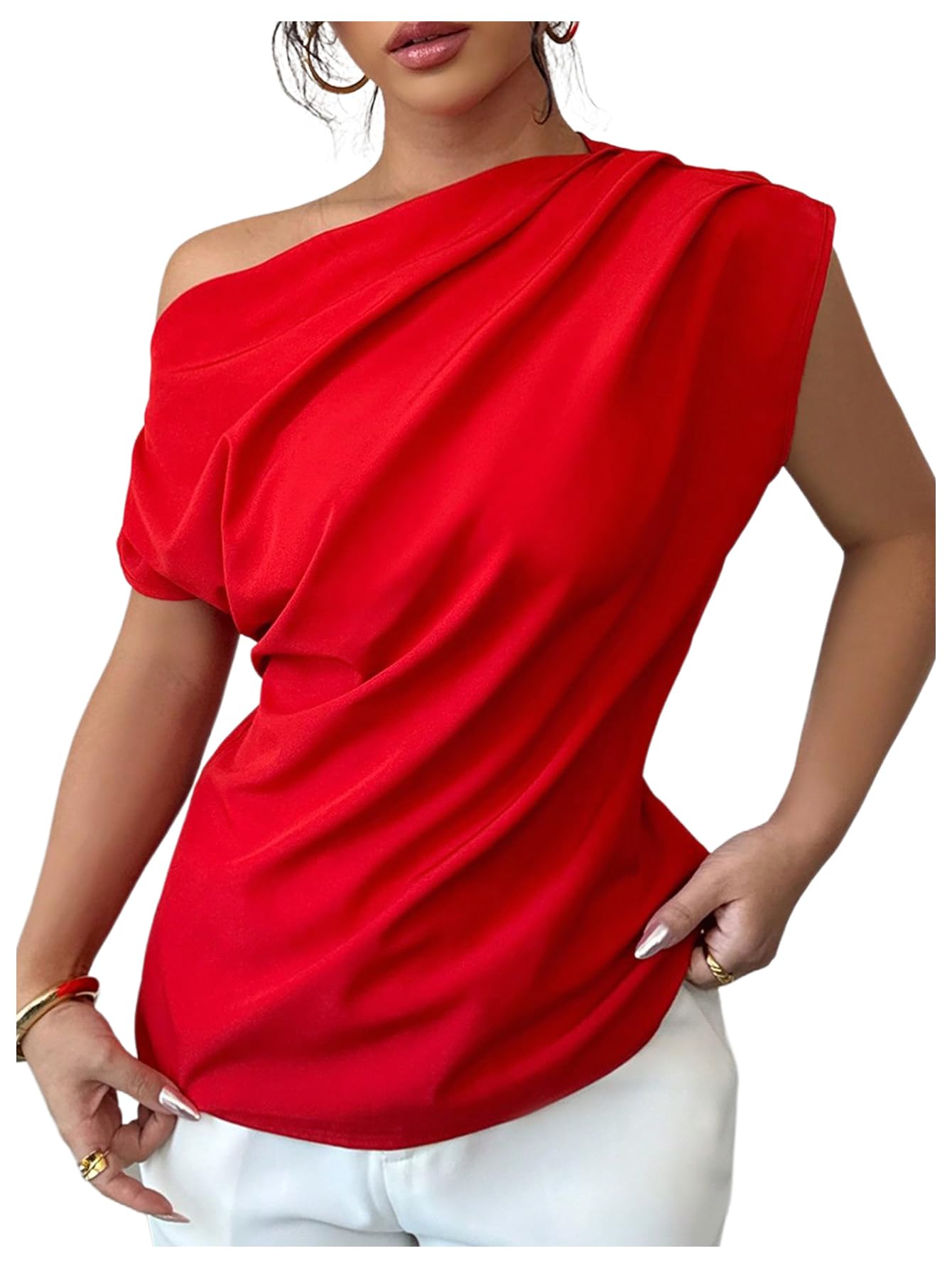 SOLY HUX Women's Blouse Ruched Off The Shoulder Short Sleeve Asymmetric Neck Summer Tops