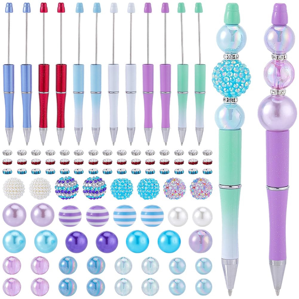 BEAMARKER 12 Sets 101Pcs Plastic Beadable Pens Assorted Bead Pens Multicolor Bubblegum Rhinestone Spacer Beads DIY Ballpoint Set for Women Men Office Supplies Back to School Gift (Purple & Blue)