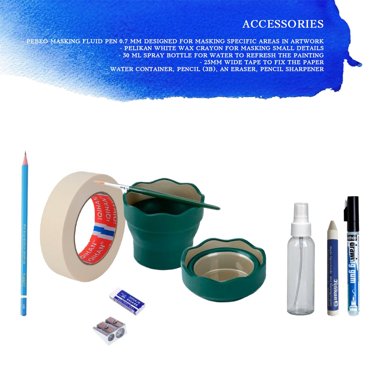 Artefacto Lot de 24 peintures aquarelles professionnelles en tubes, 4 pinceaux Roubloff, 20 feuilles de 300 g/m², 100 % coton, 31 x 21 cm, palette Pebeo Masking Fluid et accessoires dans une boîte