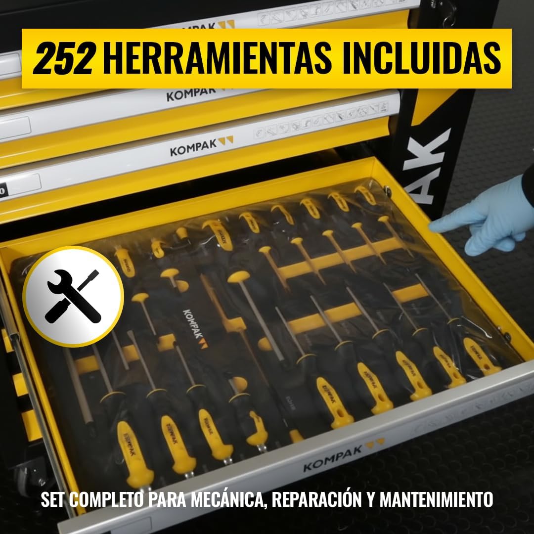 Kompak Carro de Herramientas con 252 Piezas y Ruedas - Carro Herramientas con Cajones y Bandejas Organizadas - Carro Profesional con Cerradura y Asa - Carro Acero Taller