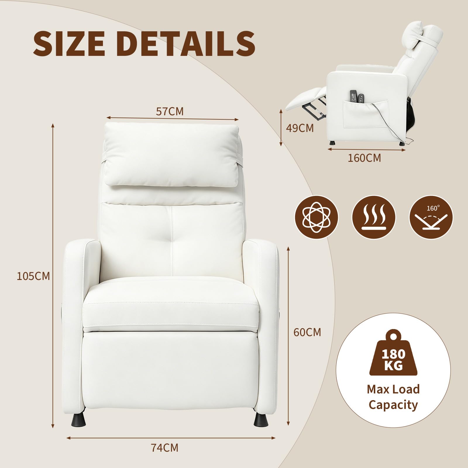 Sillón Reclinable Eléctrico, Sillon Masaje Relax con 6 Puntos, Sillon Relax Ajustables 90°-165°, con Calor Lumbar y Masaje Vibración, Motor Silencioso, Reposapiés, Bolsillos, Puerto USB, Bianco
