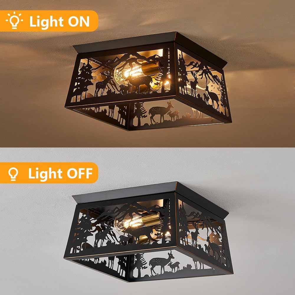 Black Semi Flush Mount Ceiling Light Fixture, Rustic Cabin Deer Ceiling Light Fixture, Metal Country Farmhouse Ceiling Lamp for Hallway Porch Bedroom Foyer Entryway, E26 Bulbs.12.5 Inches