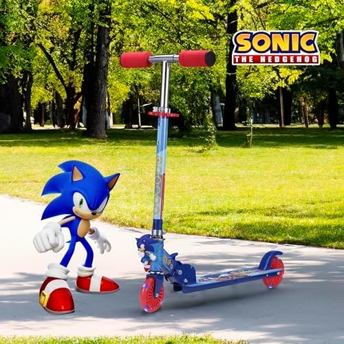 sonic the hedgehog 2 wheel kick scooter with light up wheels – foldable, non-slip deck, comfortable & smooth ride