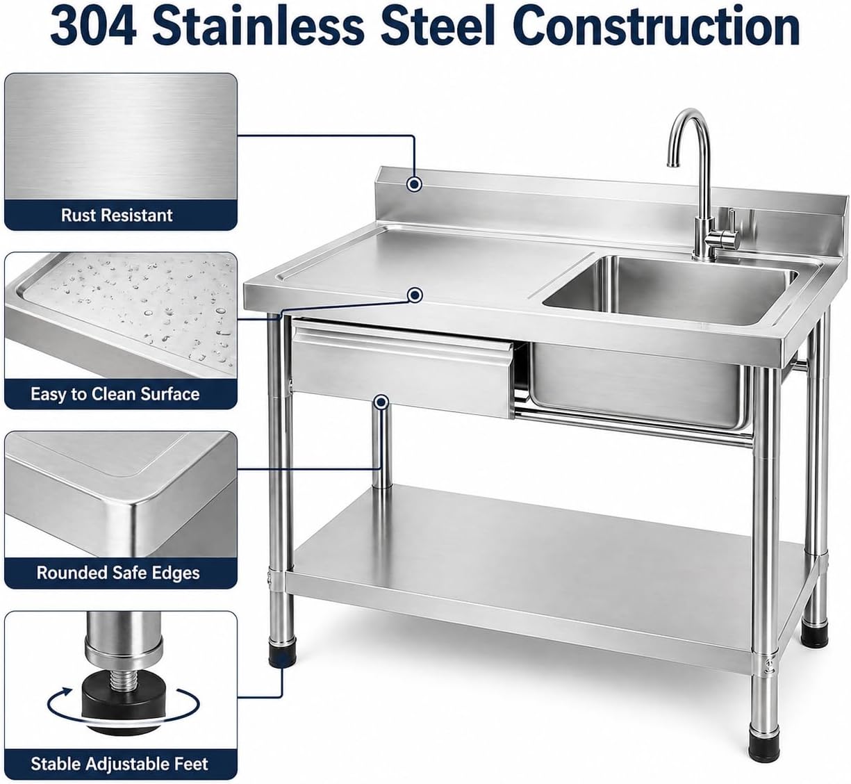 39.4" Stainless Steel Utility Sink with Large Countertop, Commercial Sink Dual-Use Area for Cutting & Washing, Single Bowl Sink with 360° Faucet, for Farmhouse Kitchen Laundry Room