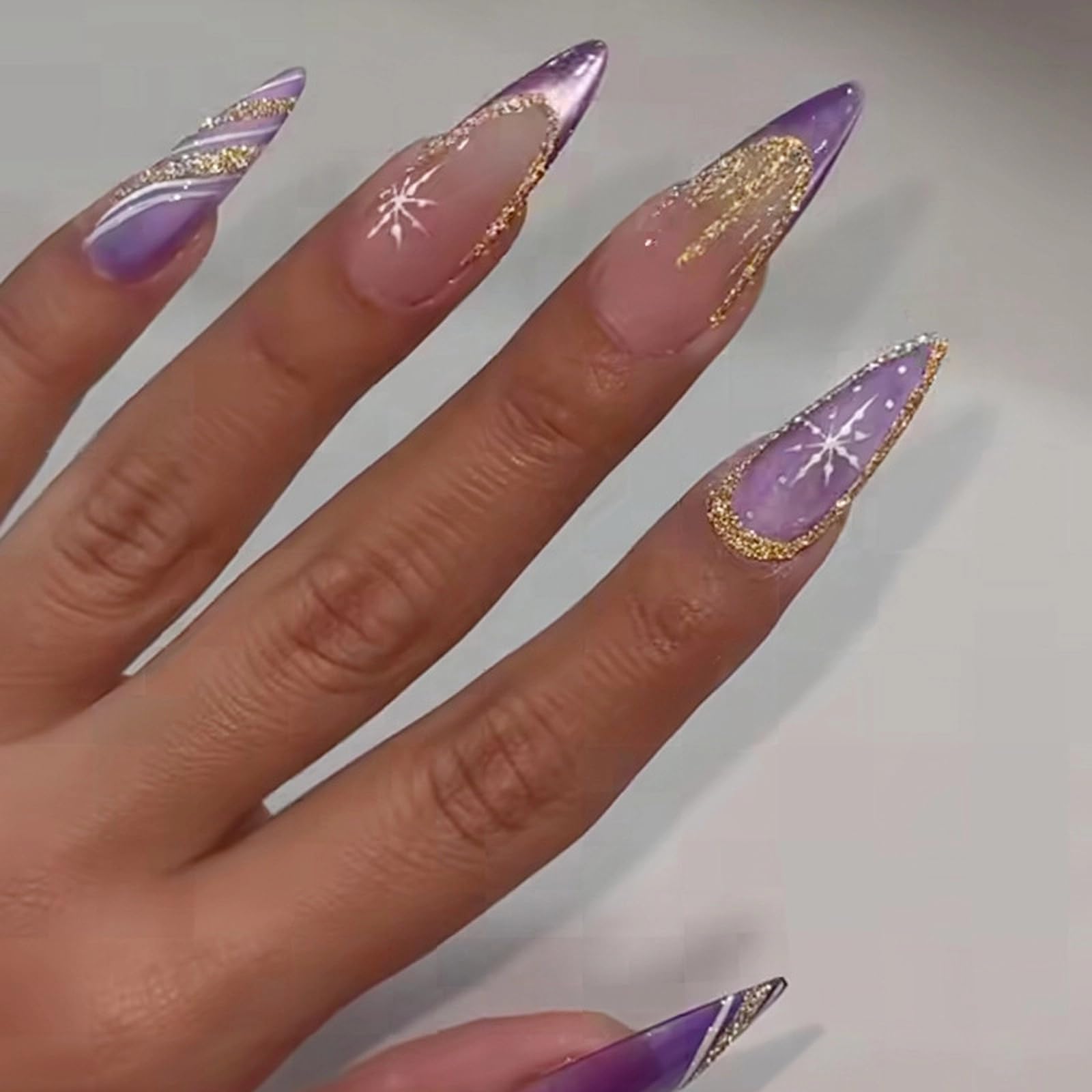 MISUD Press on Nails - Long Stiletto Fake Nails with Purple French Tip, Acrylic Bling Gold Glitter Design 24 pcs