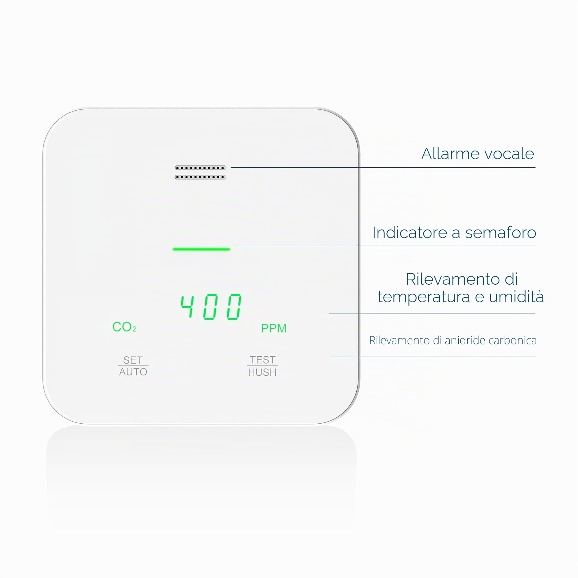 UNITEC Misuratore di CO2, rilevamento di anidride carbonica, rilevamento di temperatura e umidità, con indicatore semaforo e allarme vocale, targa CE