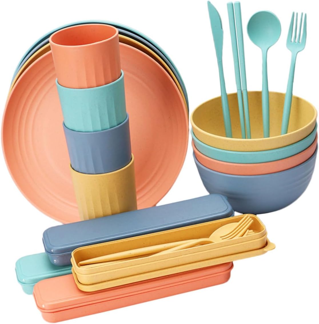 STOBAZA 4sets Straw Cutlery Tableware Set Straw Dinnerware Forks Spoons Knives Cups Bowls Microwave Safe