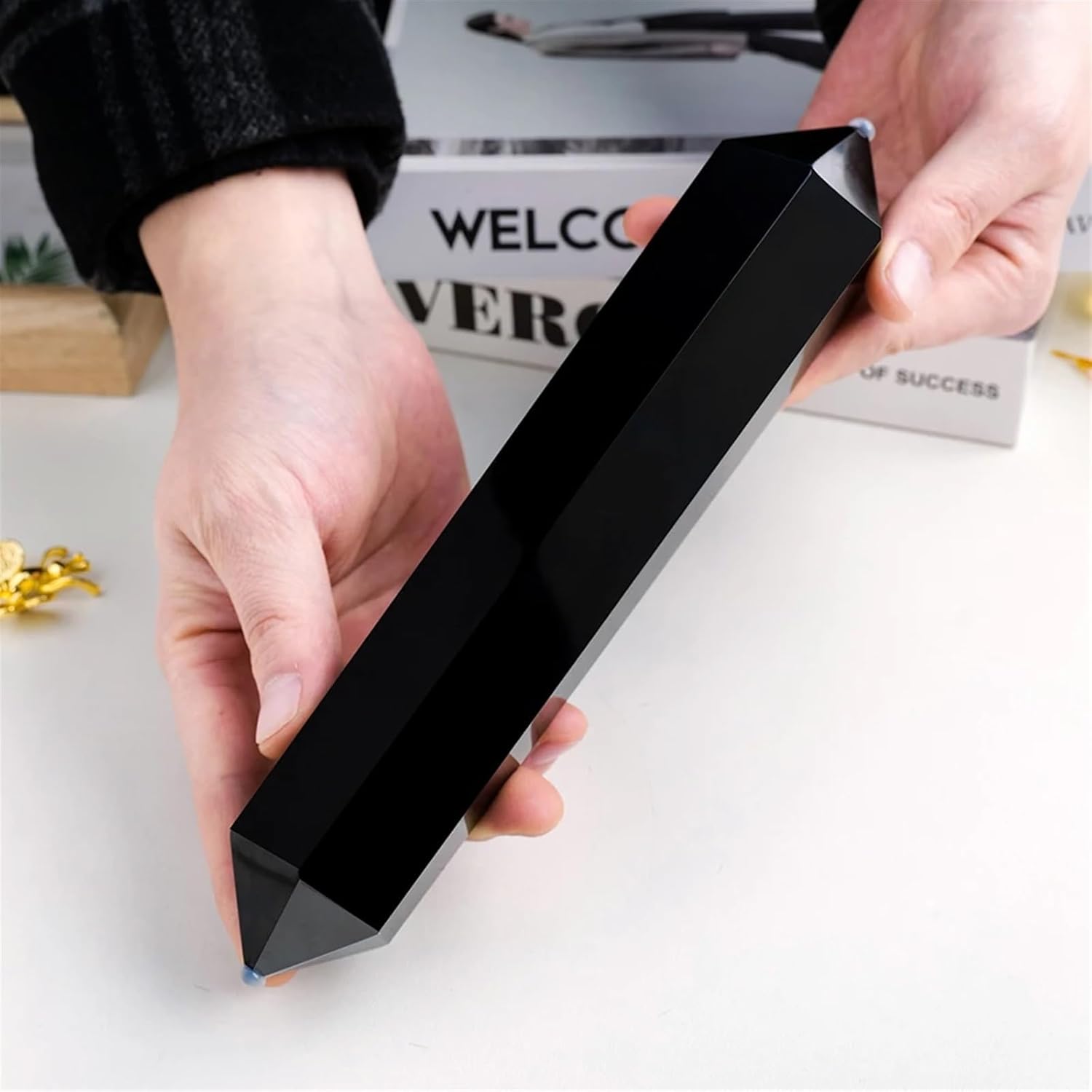 AtkitS Beautiful 1pc Natural Black Quartz Obsidian Double Point Crystal Magic Wand Hexagonal Prism Column Reiki Handcraft Decoration