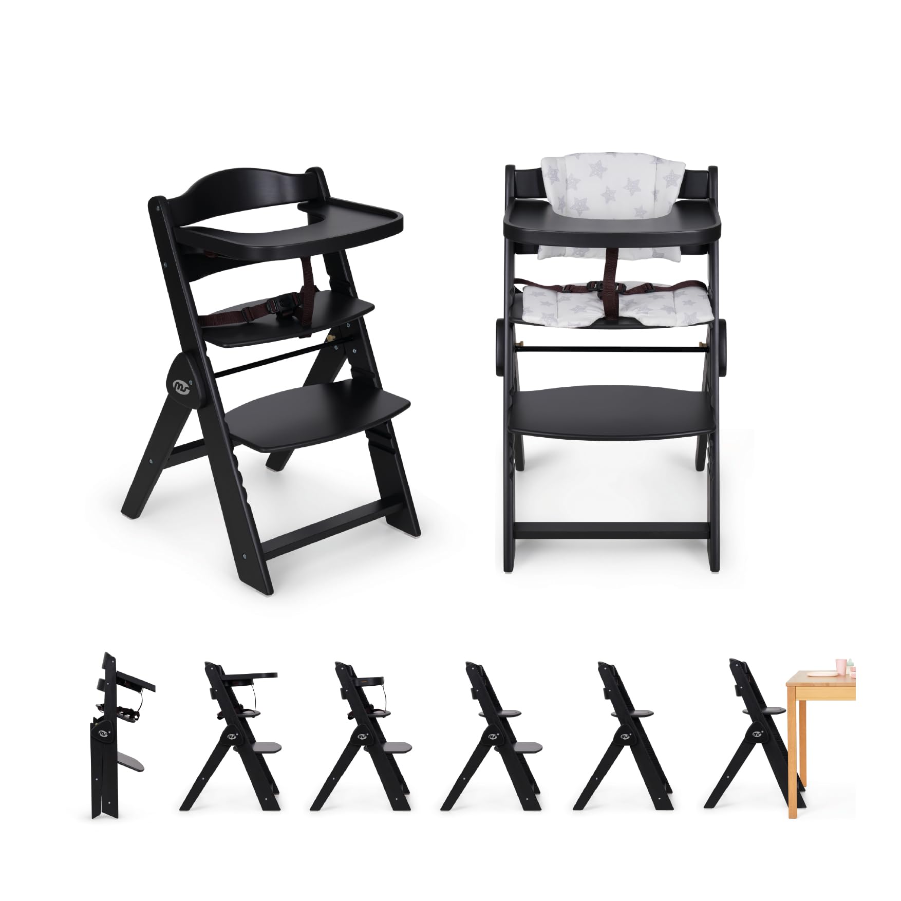 ms Chaise haute pour bébé en bois pliable – évolutive – Chaise haute, ergonomique, réglable, sécurisée, noir/blanc