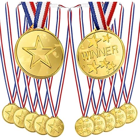 OWill 12 Golden Plastic Winner Medals With Ribbon Necklace For Performances, Competitions and Party Gifts,Sports Day Medals for Children,Adults,Kids Medals Cover