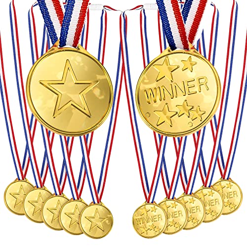 OWill 12 Stücke Set Gold Kunststoff Medaillen Kinder Sportauszeichnung Wettbewerb und Kindergeburtstag Medaillen Party Preisen Auszeichnungen
