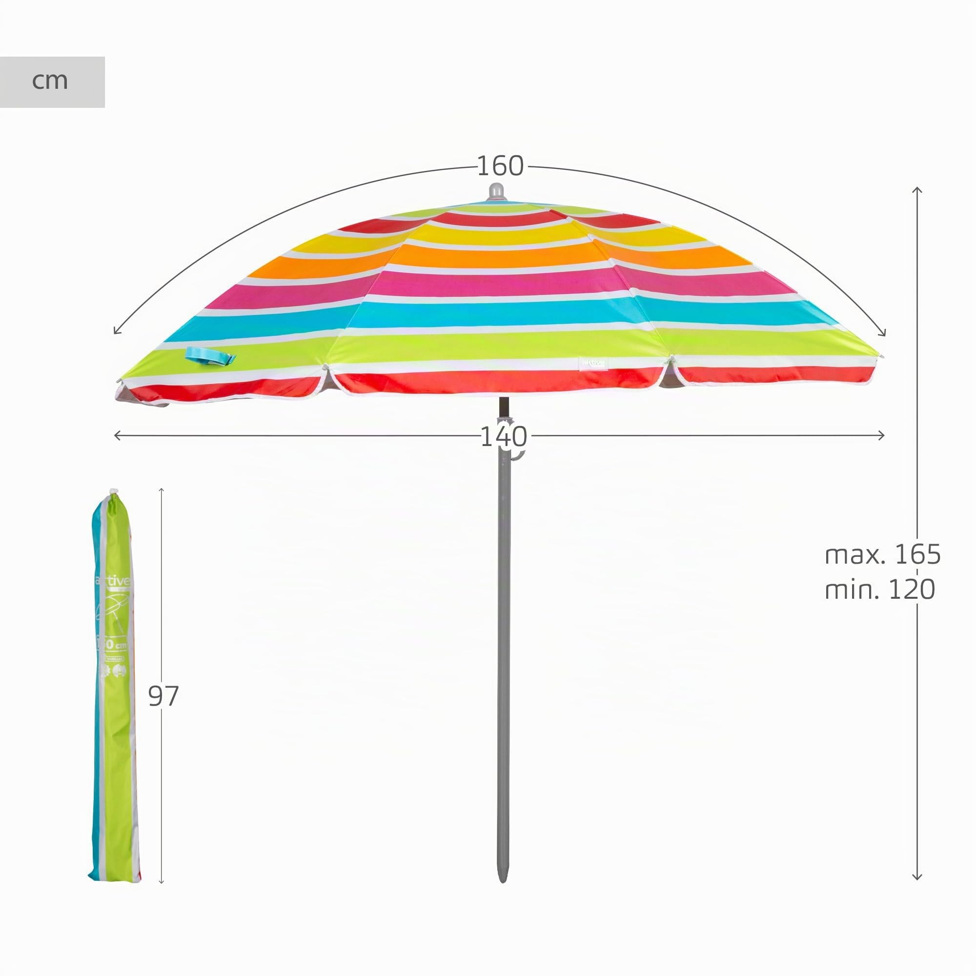 AKTIVE Strandschirm, 160 cm, mehrfarbig gestreift, UV50-Schutz, neigbar und höhenverstellbar, Stahlmast, Oxford-Polyestergewebe, 8 Streben, inkl. Tragetasche mit Tragegriff (62360)