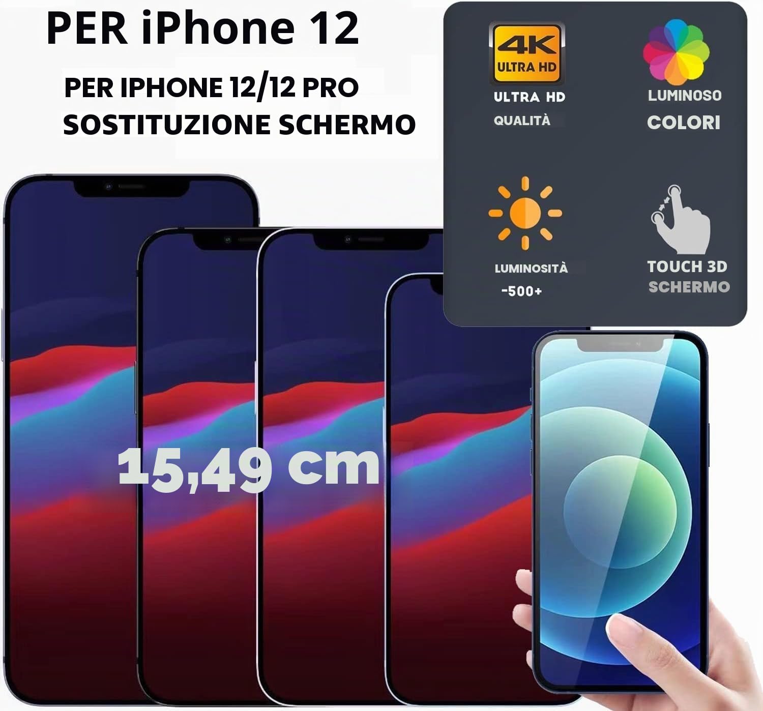 Dinow Display OLED per i-Phone 12/12 PRO Schermo, Full-HD 3D Touch Sostituzione Vetro Digitalizzatore Parti di Ricambio con Kit di Riparazione