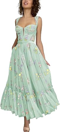 Fivsole Midi Floral Prom Dresses Flower Tulle Embroidered Tea Length Formal Gown