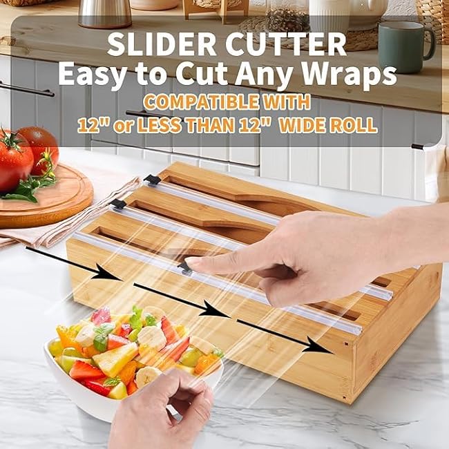 3 in 1 Wrap Organizer with Cutter and Labels, Plastic Wrap, Aluminum Foil and Wax Bamboo Dispenser for Kitchen Storage Organization Holder