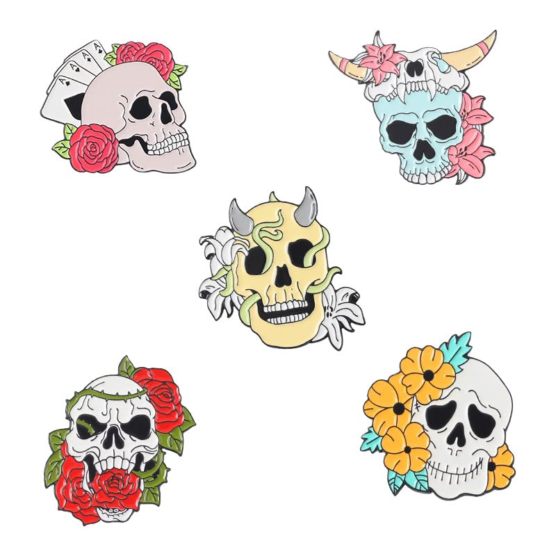 ROFARSO5pcs Multi-Colored Skull Enamel Brooch Pin Set - Lapel Pins for Women, Men, Kids - Gift, Accessory for Backpacks, Hats, Bags